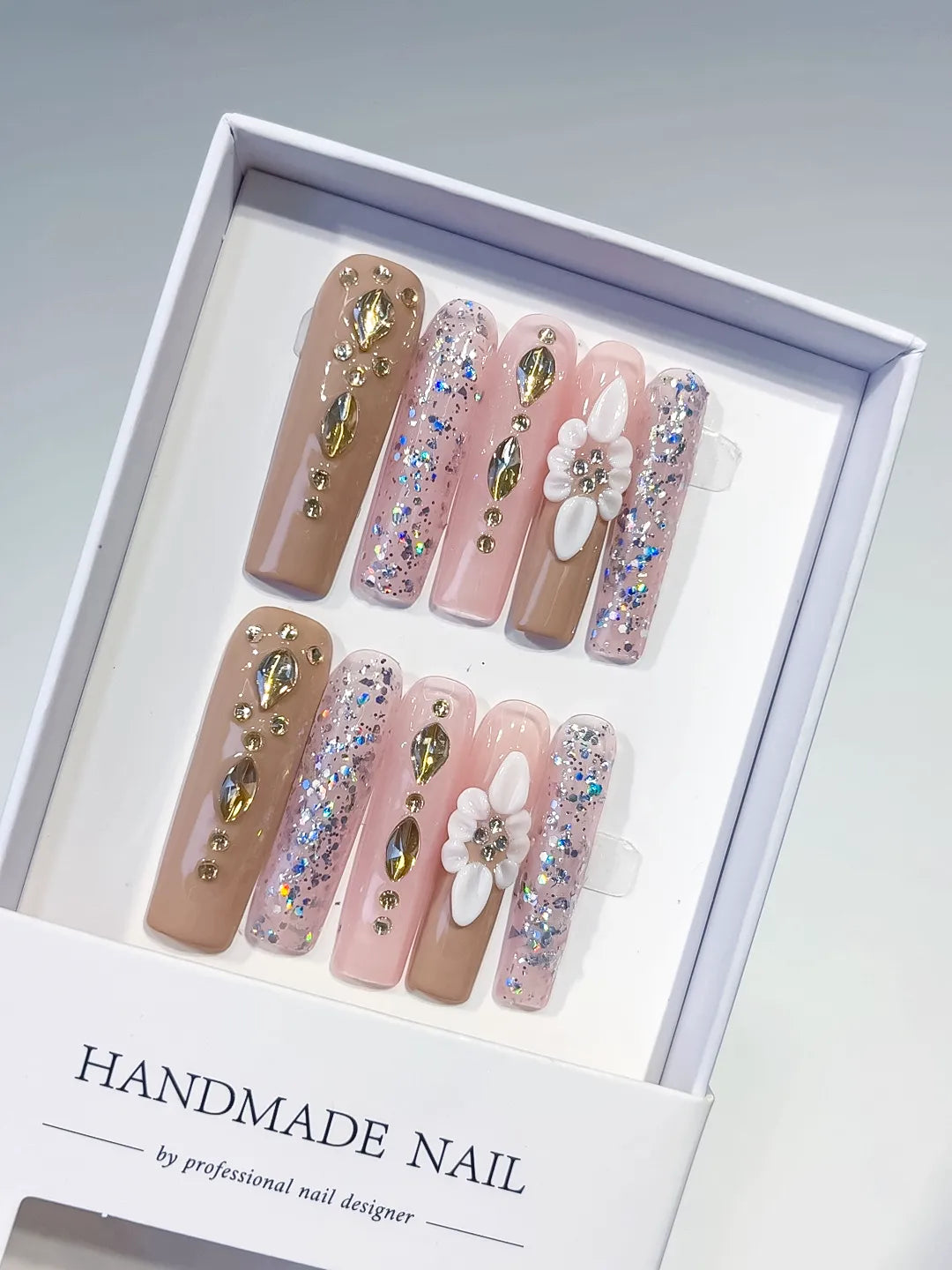 Nude Pink Silver Gold White Glitter Flower Rhinestone Metallic Accent 3D press on nails