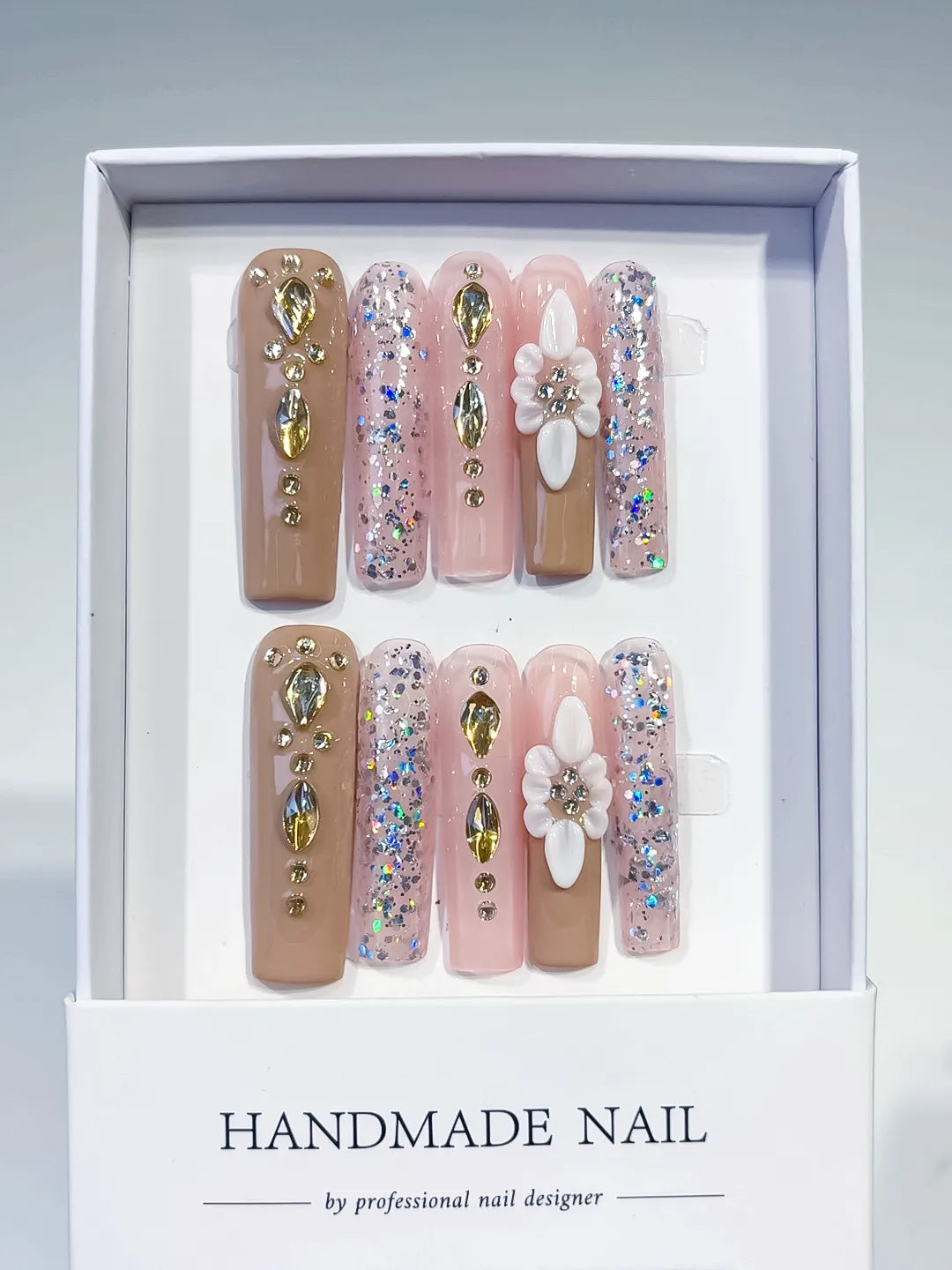 Nude Pink Silver Gold White Glitter Flower Rhinestone Metallic Accent 3D press on nails full set view