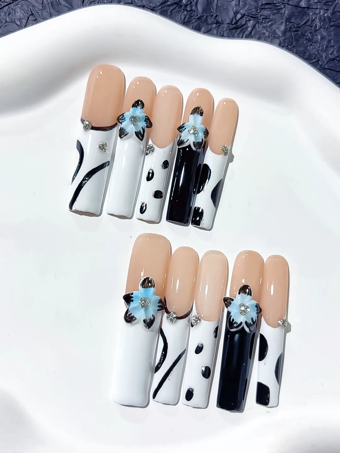 Nude White Black Blue Silver Abstract Flower Rhinestone Metallic Accent 3D press on nails close up