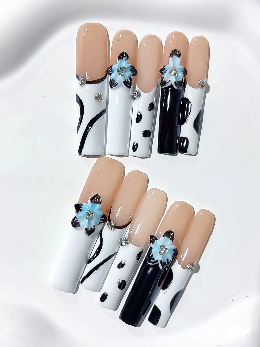 Nude White Black Blue Silver Abstract Flower Rhinestone Metallic Accent 3D press on nails detail view