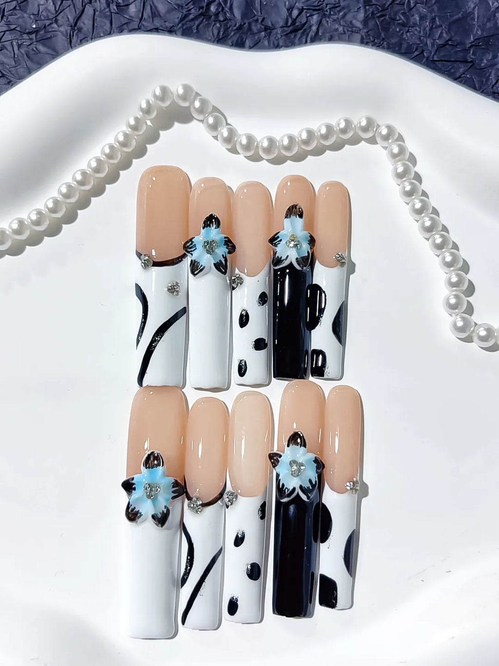 Nude White Black Blue Silver Abstract Flower Rhinestone Metallic Accent 3D press on nails detail view