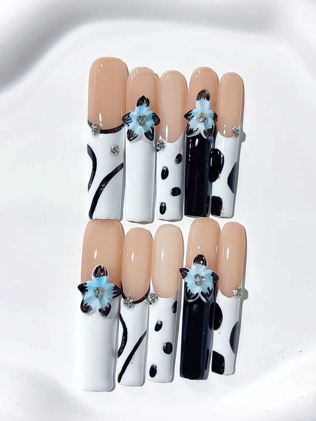 Nude White Black Blue Silver Abstract Flower Rhinestone Metallic Accent 3D press on nails detail view
