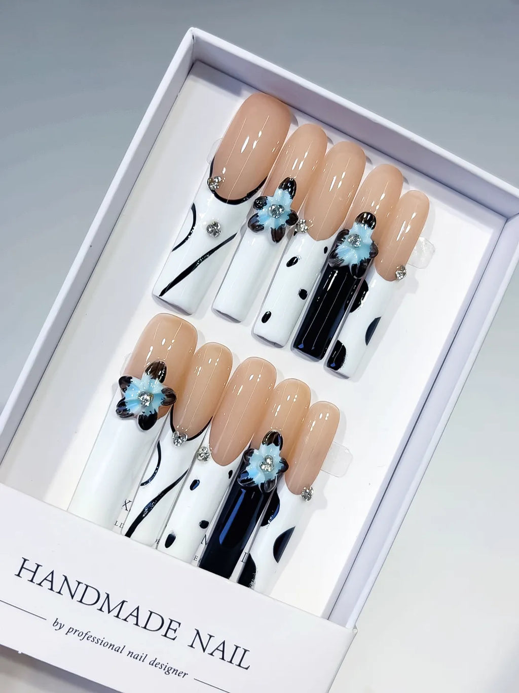 Nude White Black Blue Silver Abstract Flower Rhinestone Metallic Accent 3D press on nails