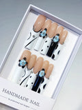 Nude White Black Blue Silver Abstract Flower Rhinestone Metallic Accent 3D press on nails