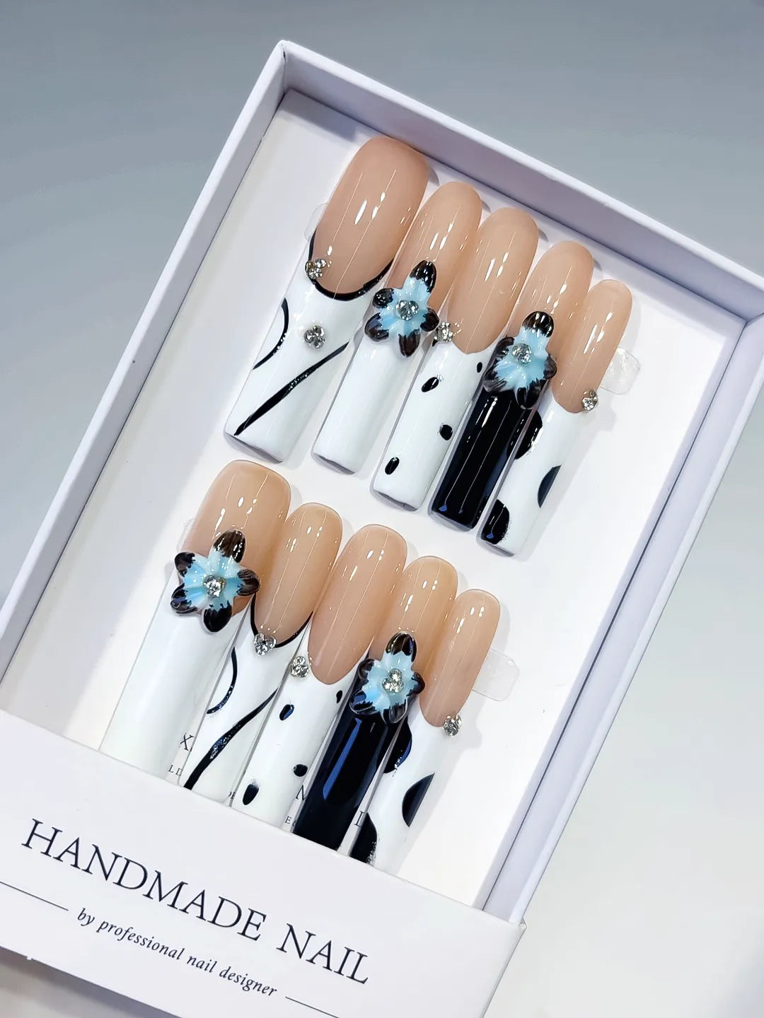 Nude White Black Blue Silver Abstract Flower Rhinestone Metallic Accent 3D press on nails
