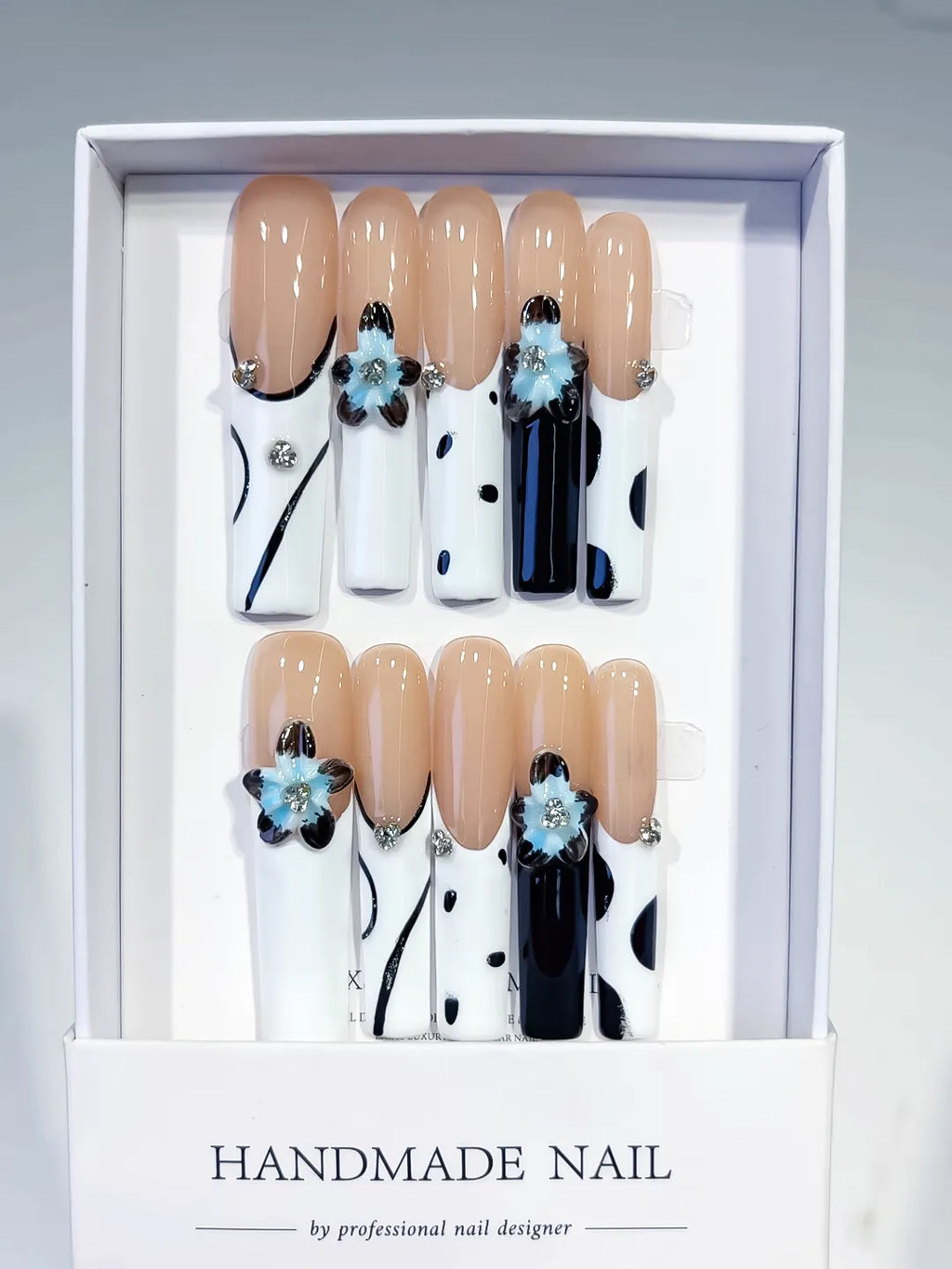 Nude White Black Blue Silver Abstract Flower Rhinestone Metallic Accent 3D press on nails full set view