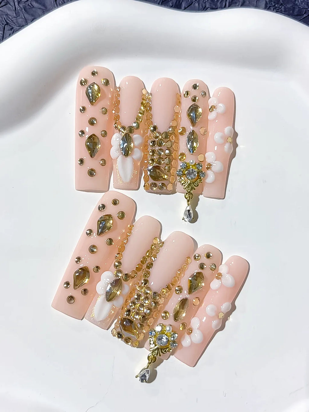 Pink Nude Gold White Silver Solid color Flower Rhinestone Chain Metallic Accent 3D press on nails detail view