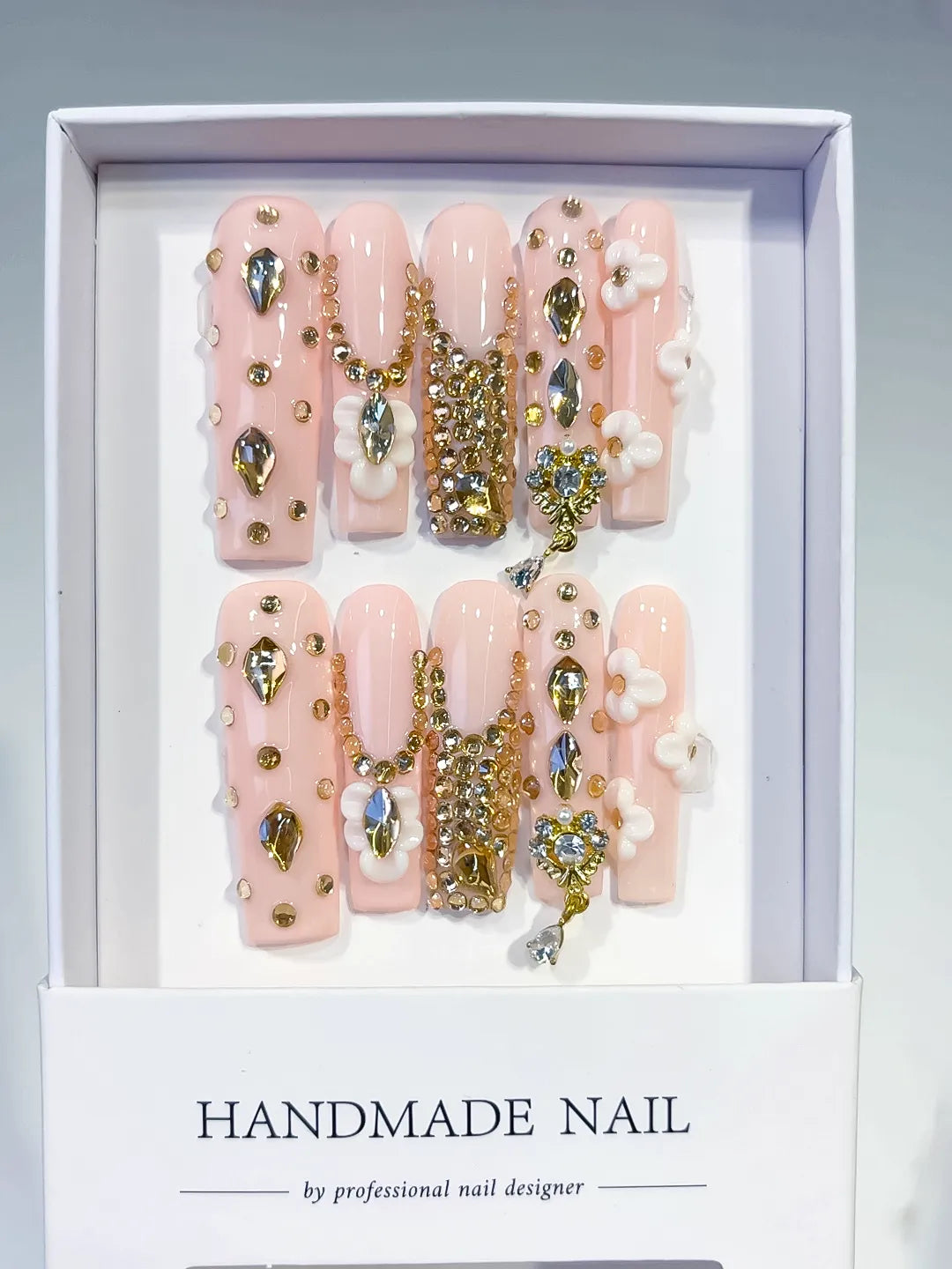 Pink Nude Gold White Silver Solid color Flower Rhinestone Chain Metallic Accent 3D press on nails full set view