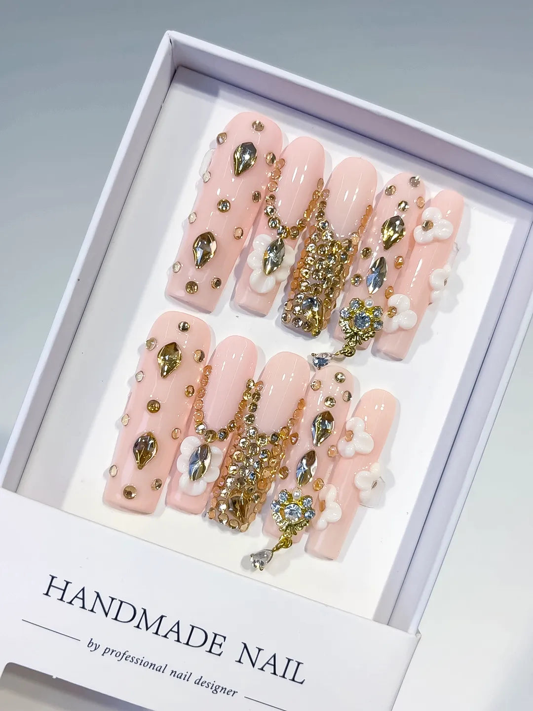 Pink Nude Gold White Silver Solid color Flower Rhinestone Chain Metallic Accent 3D press on nails