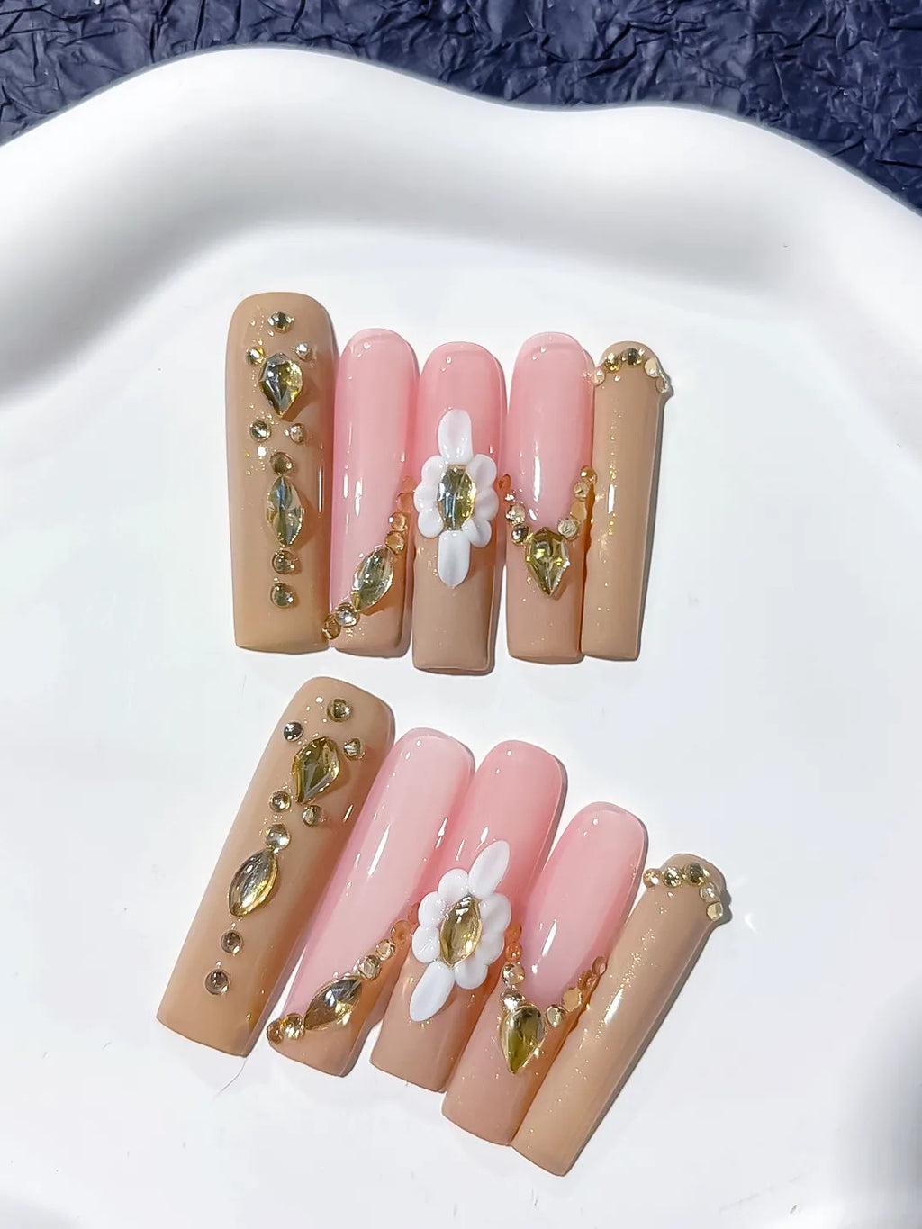 Nude Pink Gold White Solid color Flower Rhinestone Metallic Accent 3D press on nails detail view