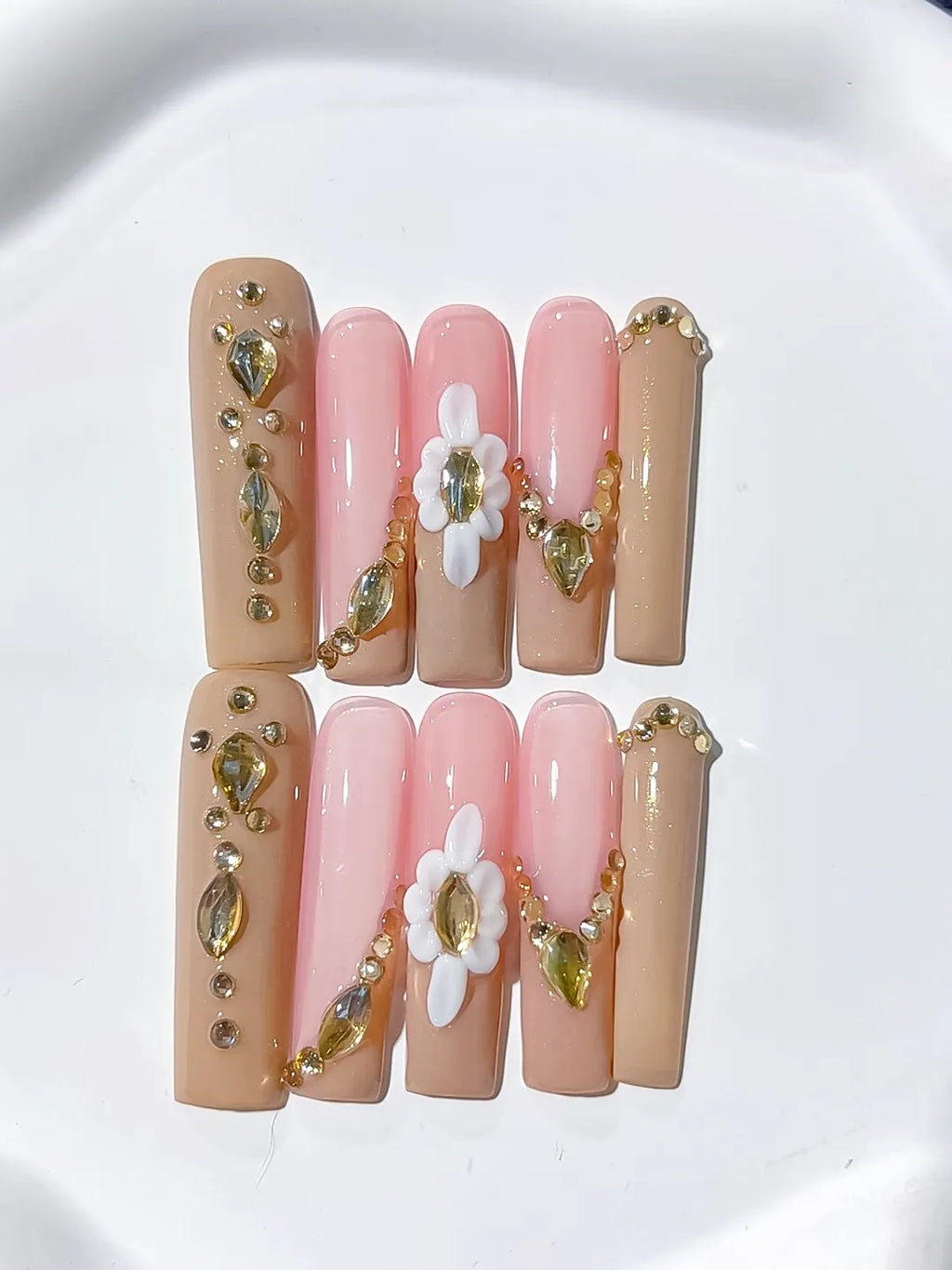 Nude Pink Gold White Solid color Flower Rhinestone Metallic Accent 3D press on nails close up
