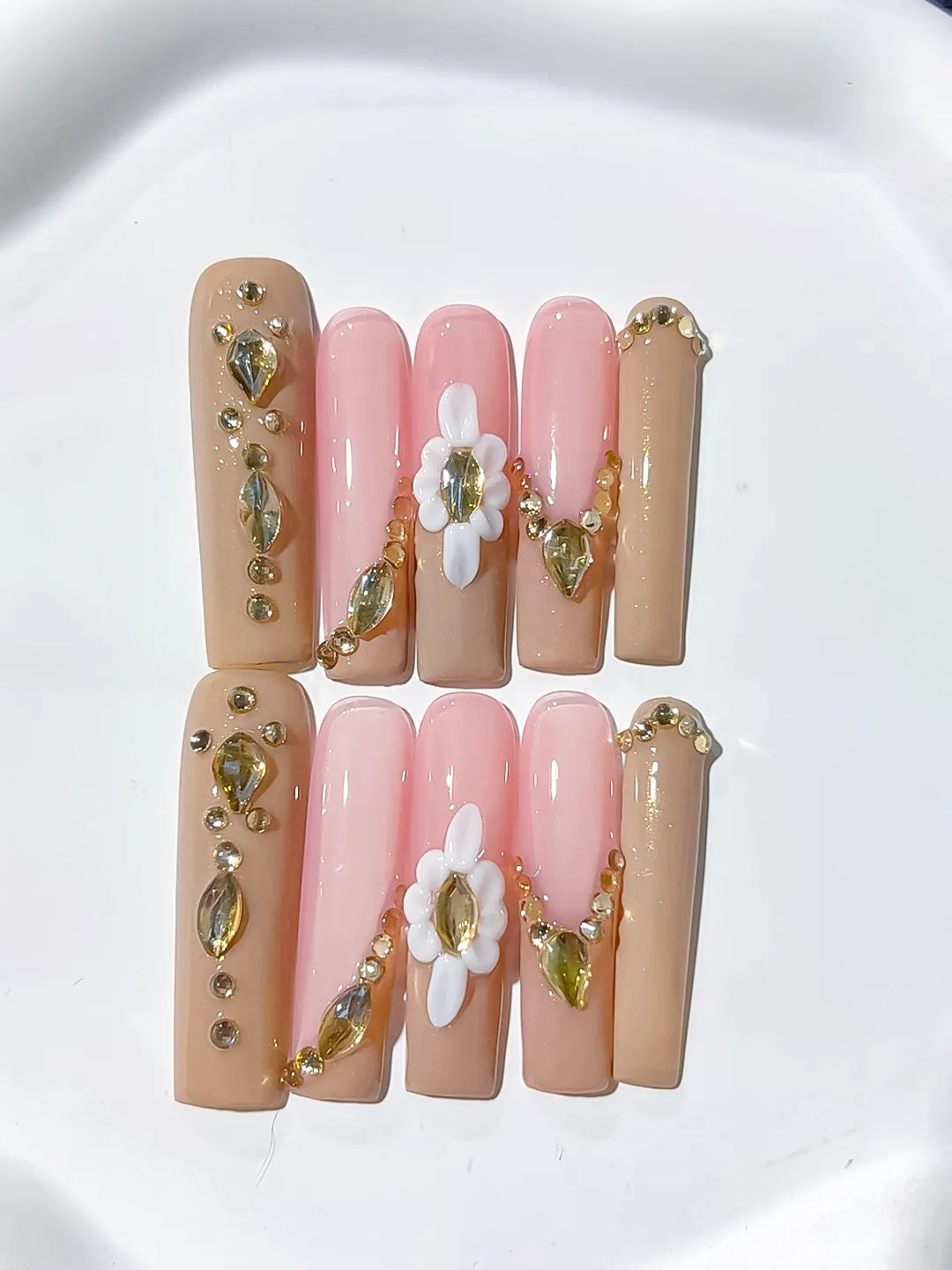 Nude Pink Gold White Solid color Flower Rhinestone Metallic Accent 3D press on nails close up