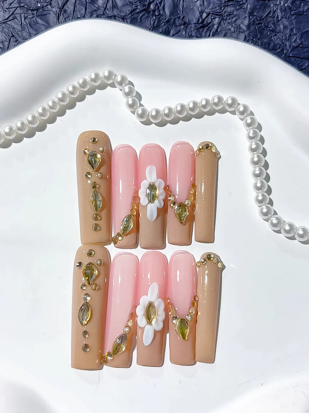 Nude Pink Gold White Solid color Flower Rhinestone Metallic Accent 3D press on nails detail view