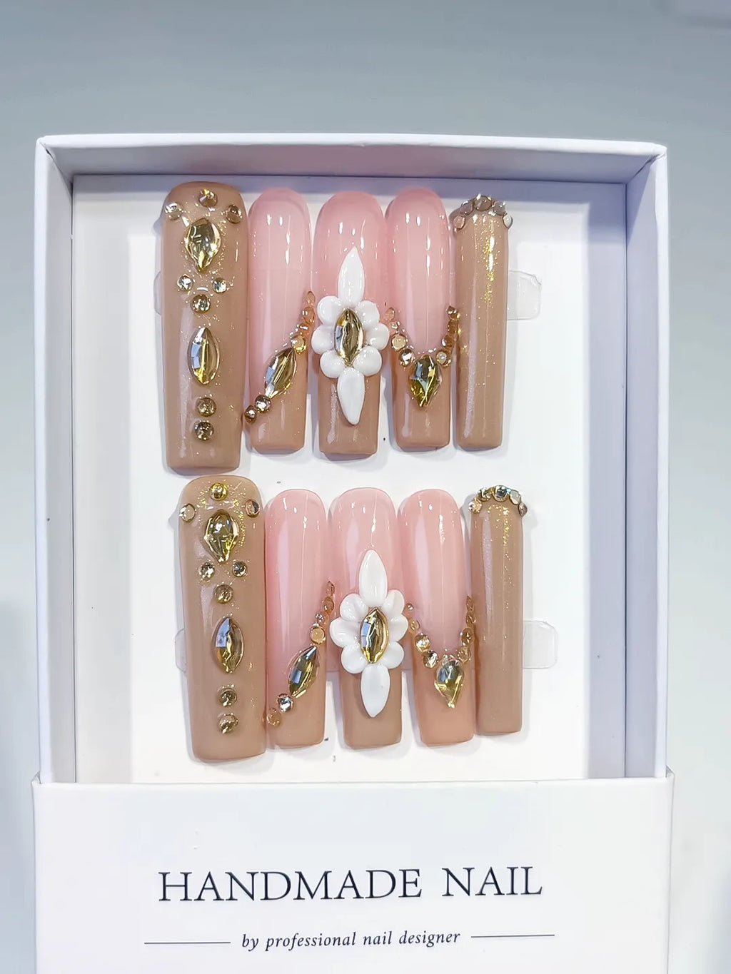 Nude Pink Gold White Solid color Flower Rhinestone Metallic Accent 3D press on nails full set view