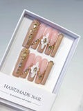 Nude Pink Gold White Solid color Flower Rhinestone Metallic Accent 3D press on nails
