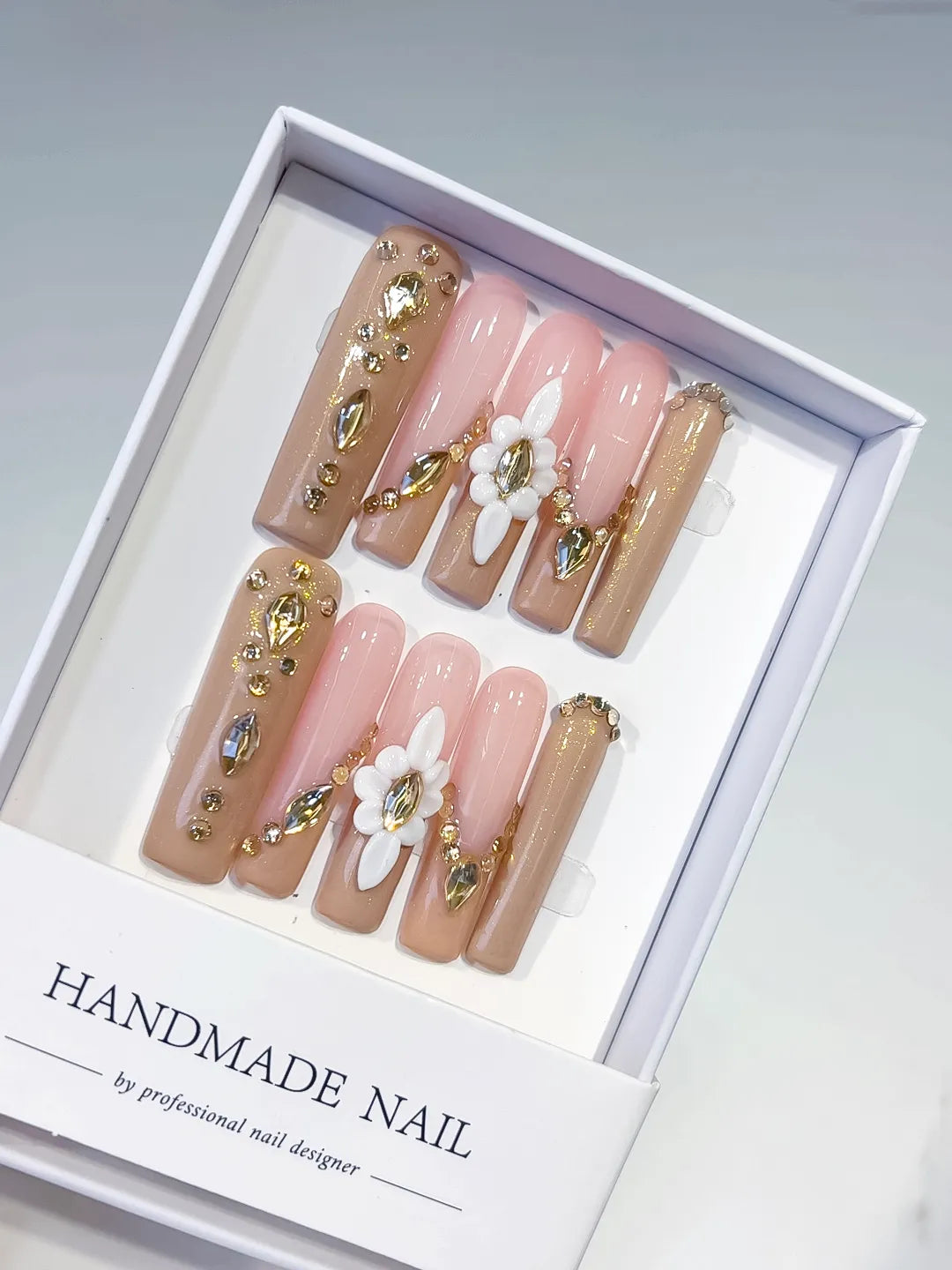 Nude Pink Gold White Solid color Flower Rhinestone Metallic Accent 3D press on nails