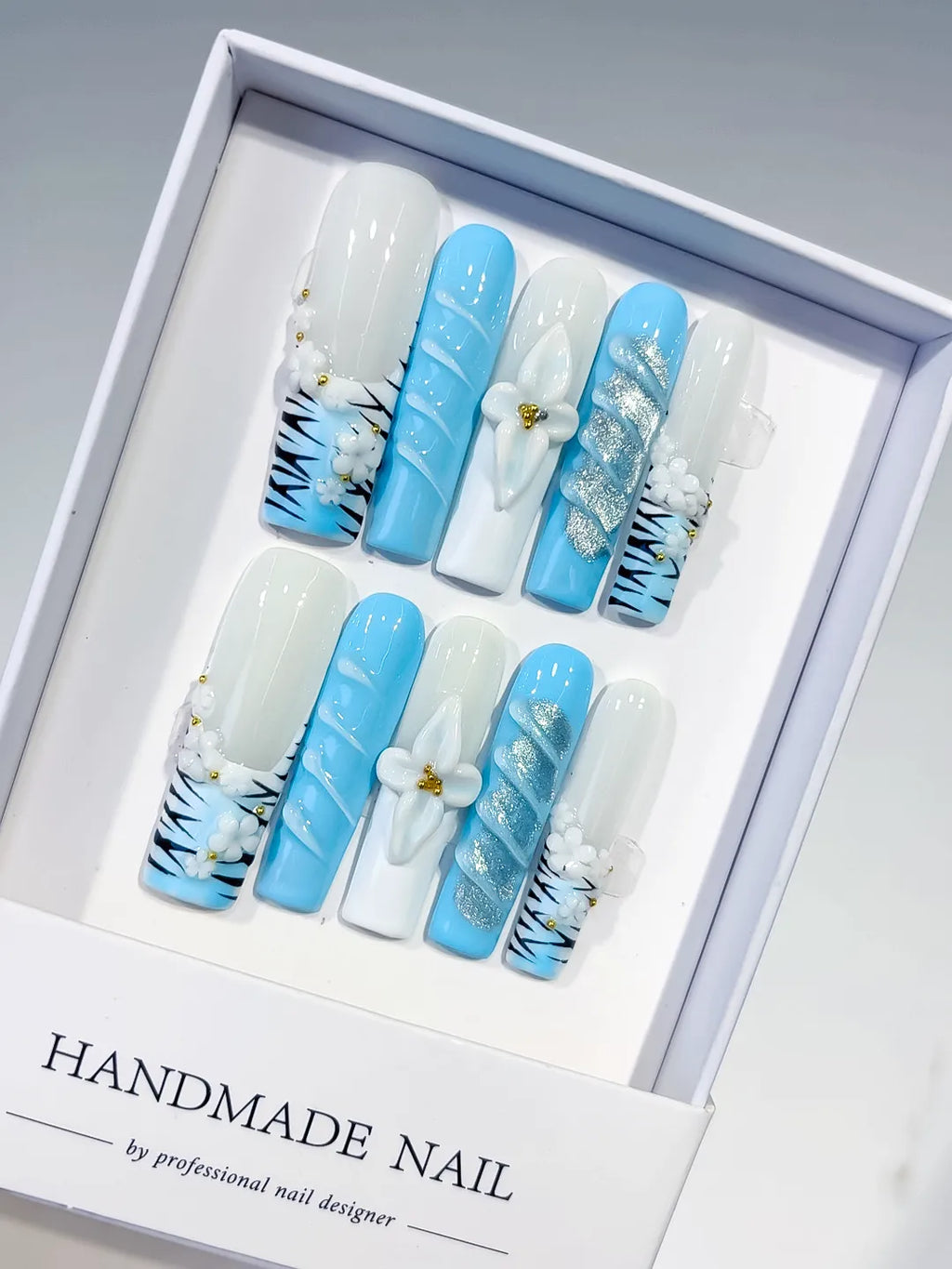 White Blue Silver Black Gold Abstract Flower Glitter Animal Print 3D press on nails