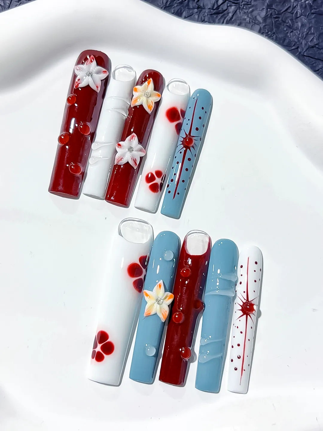 Red White Blue Orange Abstract Flower Dot 3D press on nails close up