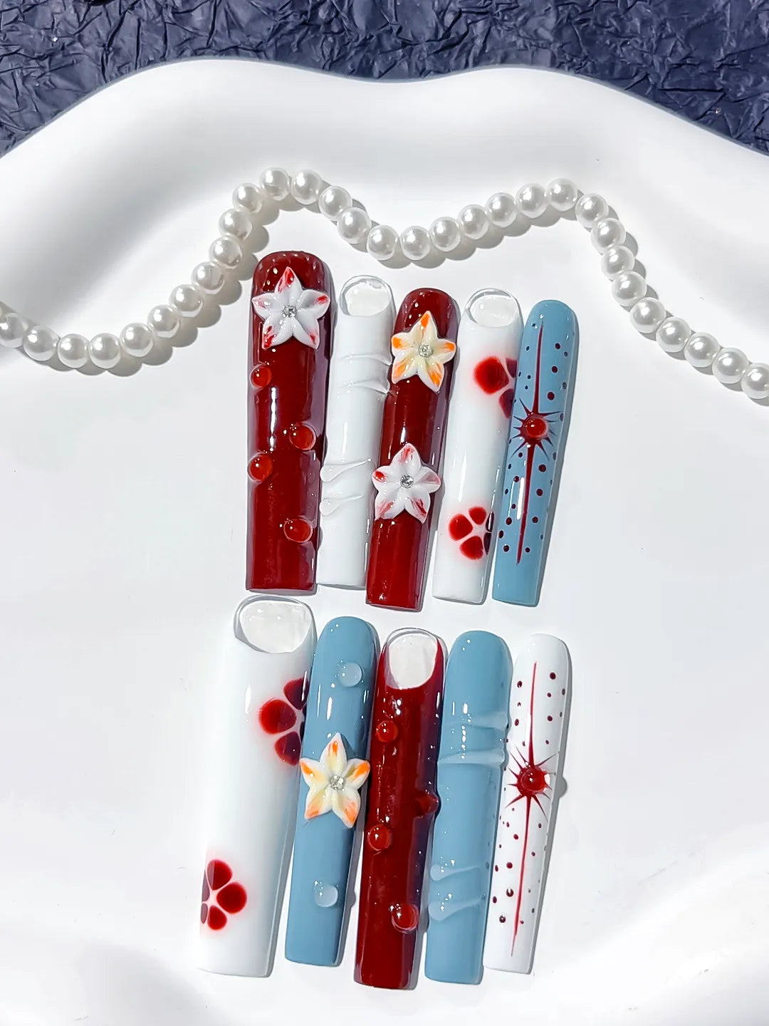 Red White Blue Orange Abstract Flower Dot 3D press on nails detail view