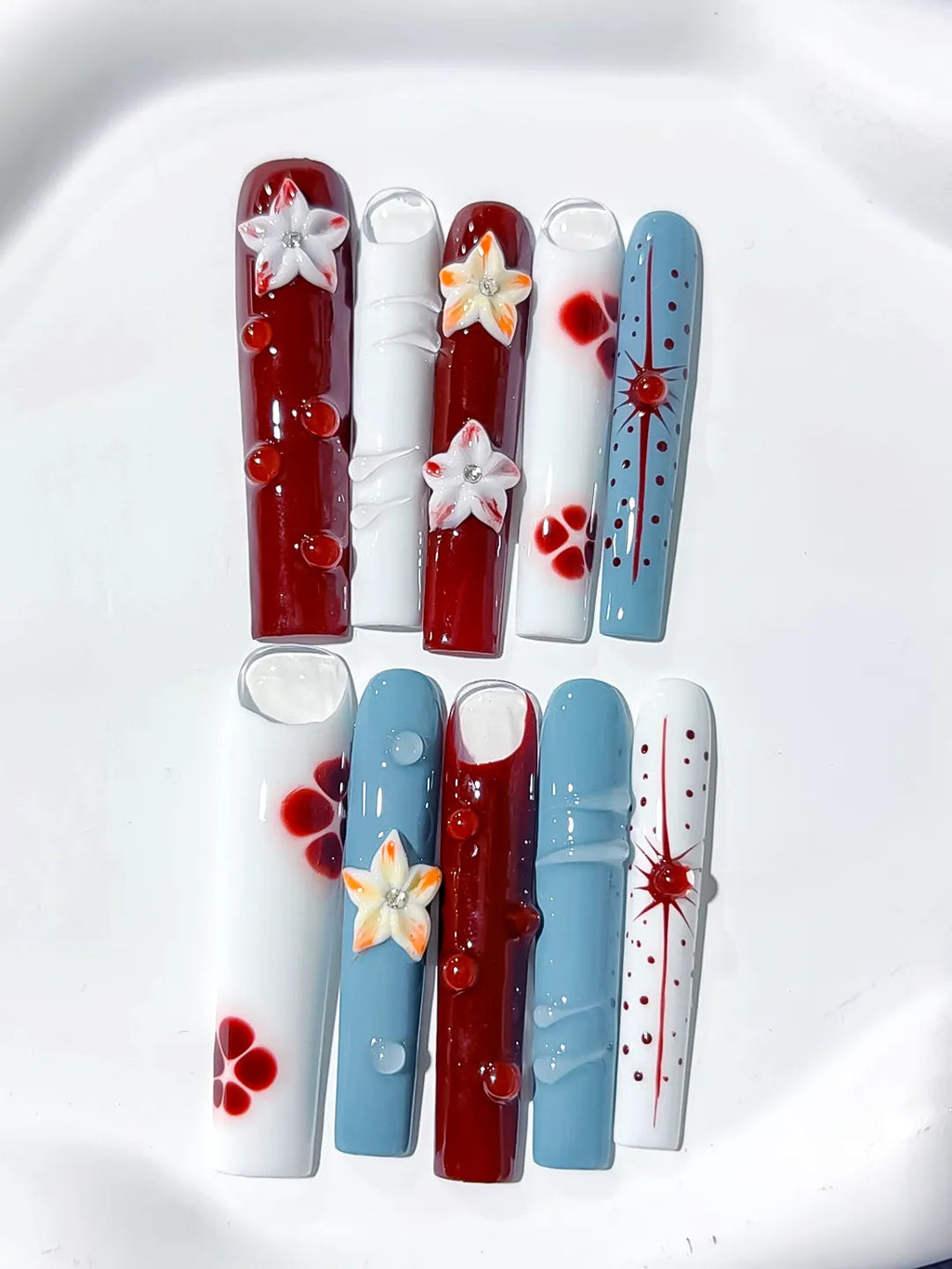 Red White Blue Orange Abstract Flower Dot 3D press on nails detail view