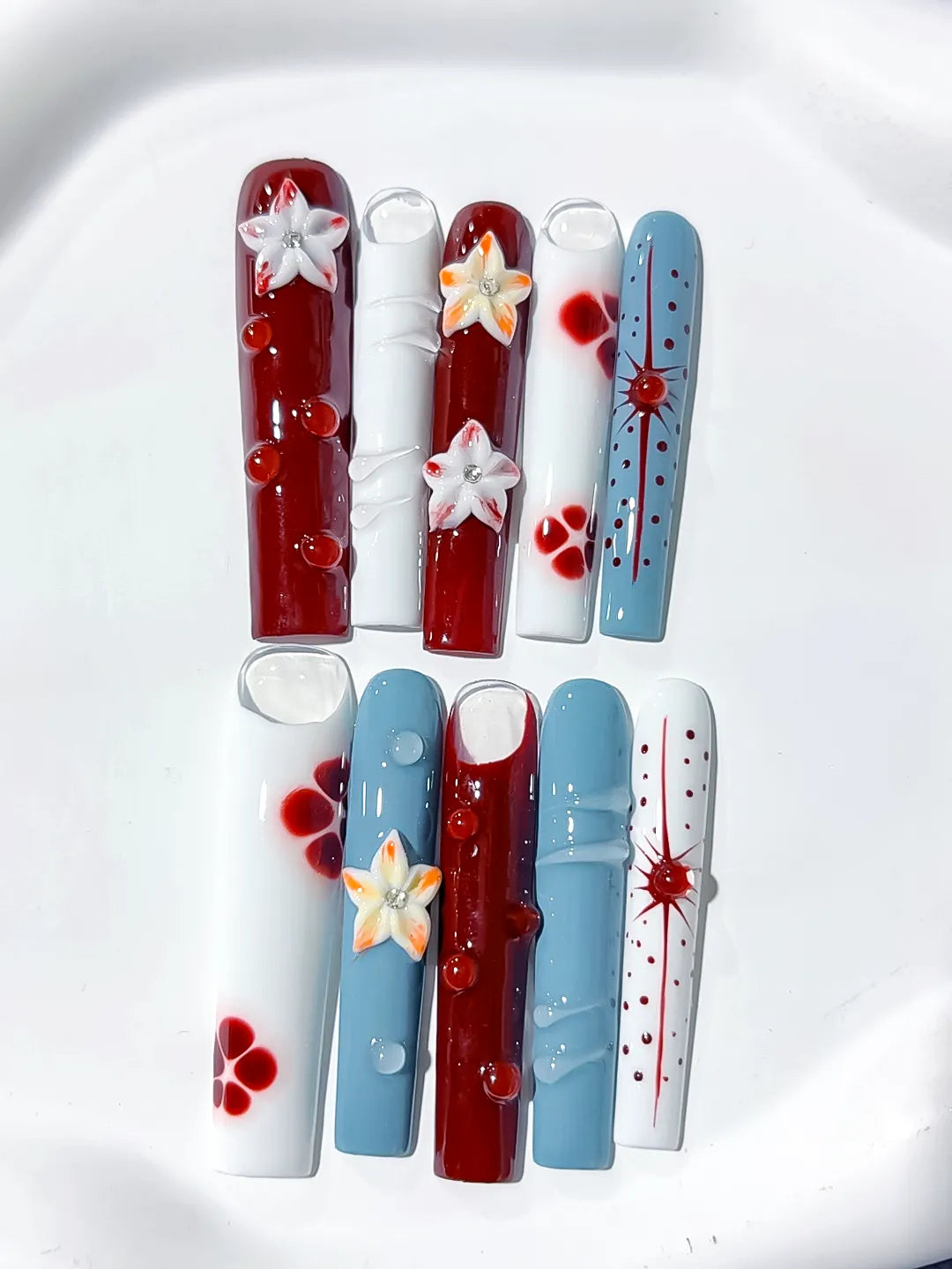Red White Blue Orange Abstract Flower Dot 3D press on nails detail view
