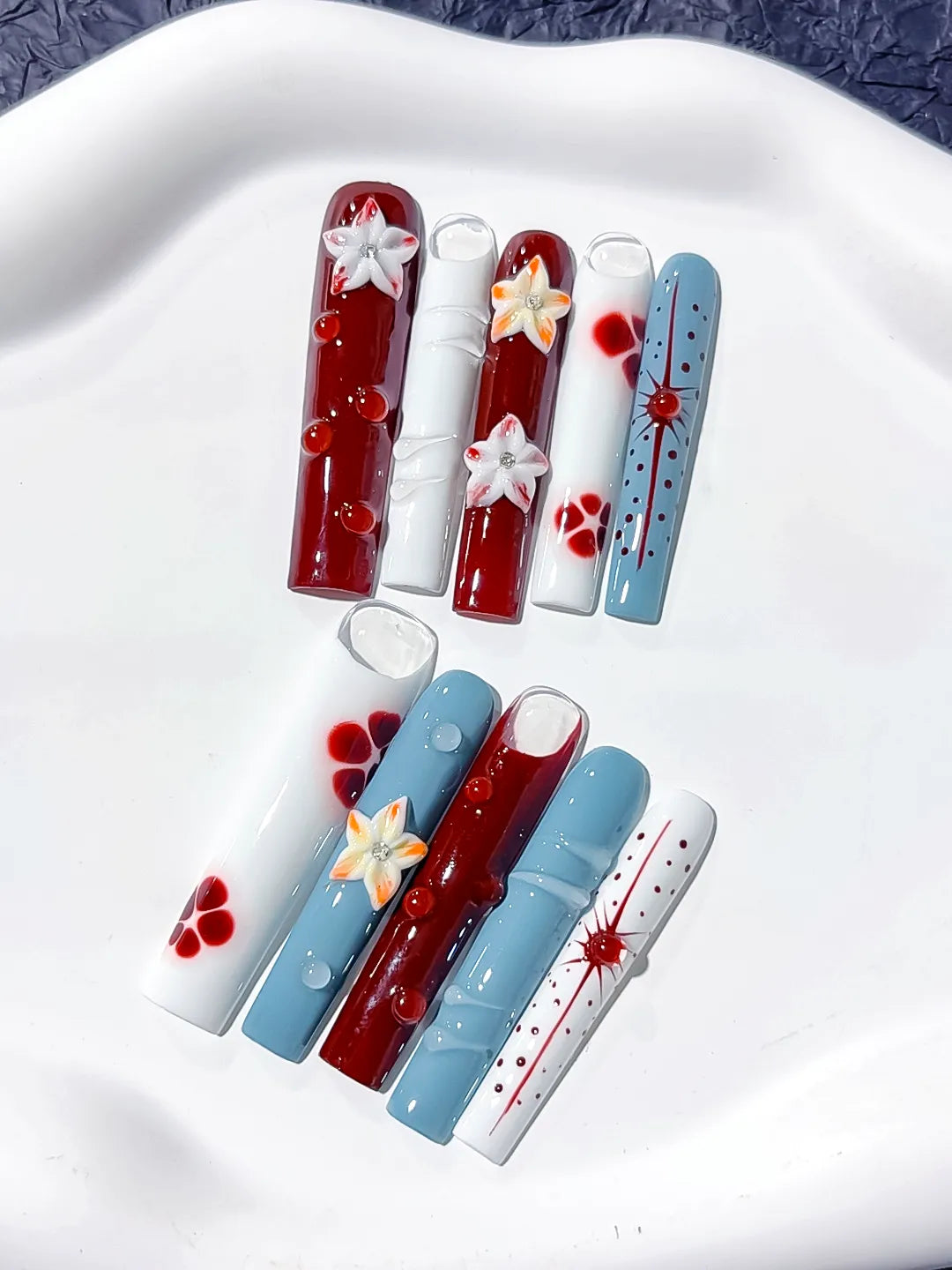 Red White Blue Orange Abstract Flower Dot 3D press on nails detail view