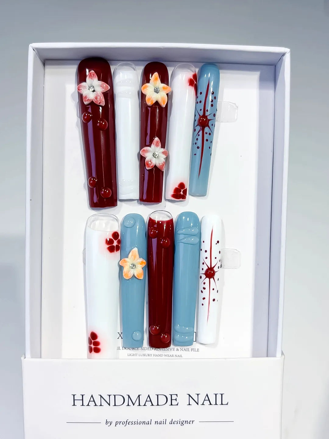 Red White Blue Orange Abstract Flower Dot 3D press on nails full set view