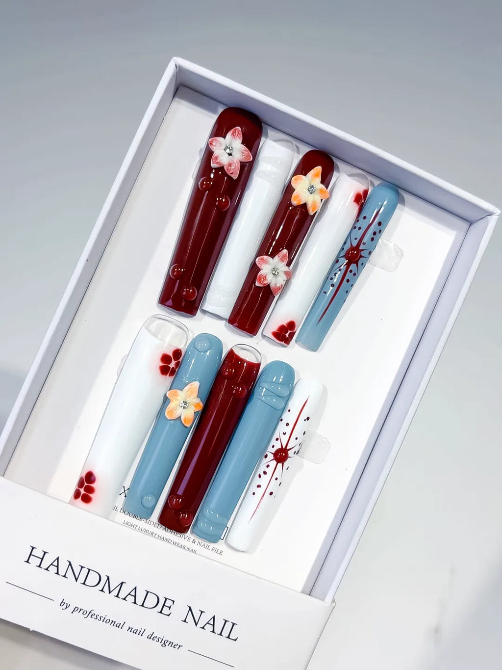 Red White Blue Orange Abstract Flower Dot 3D press on nails