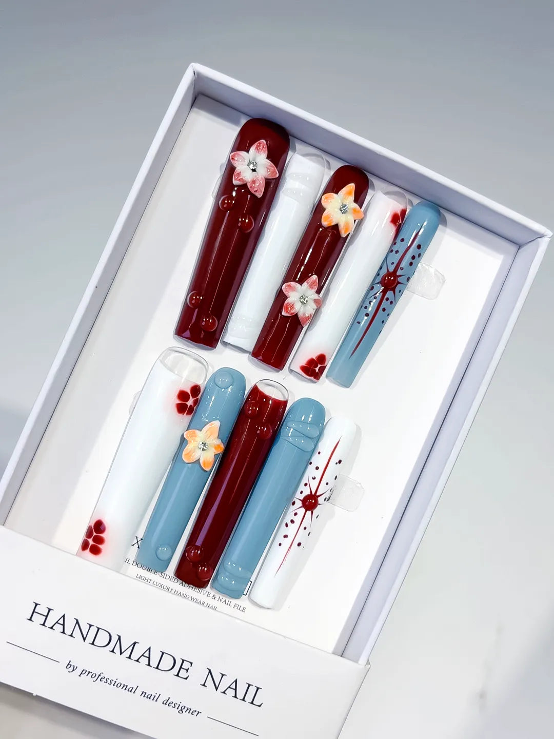 Red White Blue Orange Abstract Flower Dot 3D press on nails