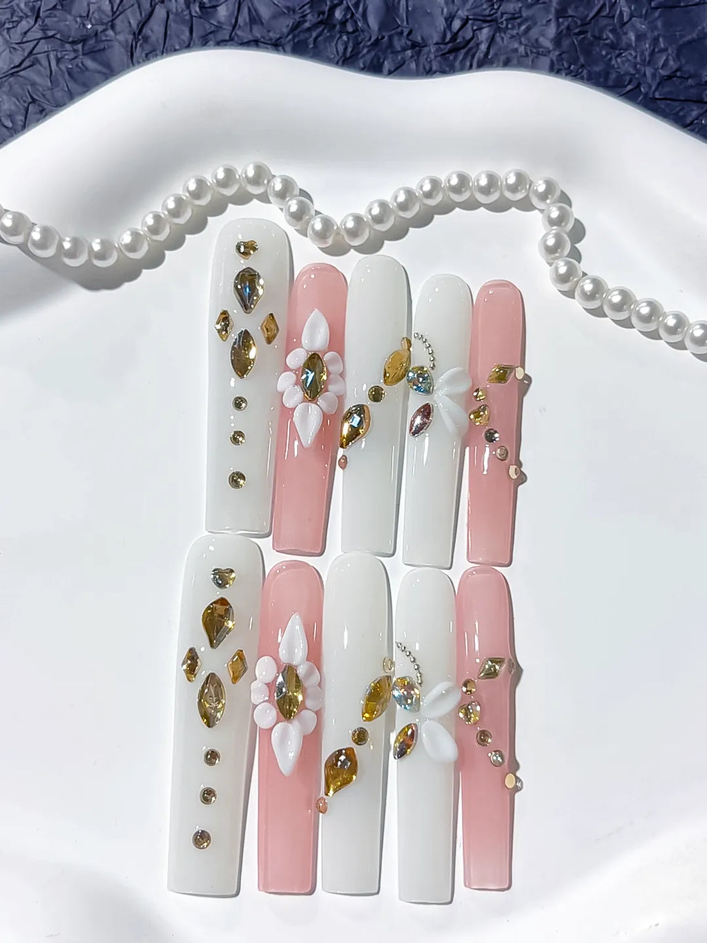 White Pink Gold Solid color Flower Rhinestone Metallic Accent 3D press on nails close up