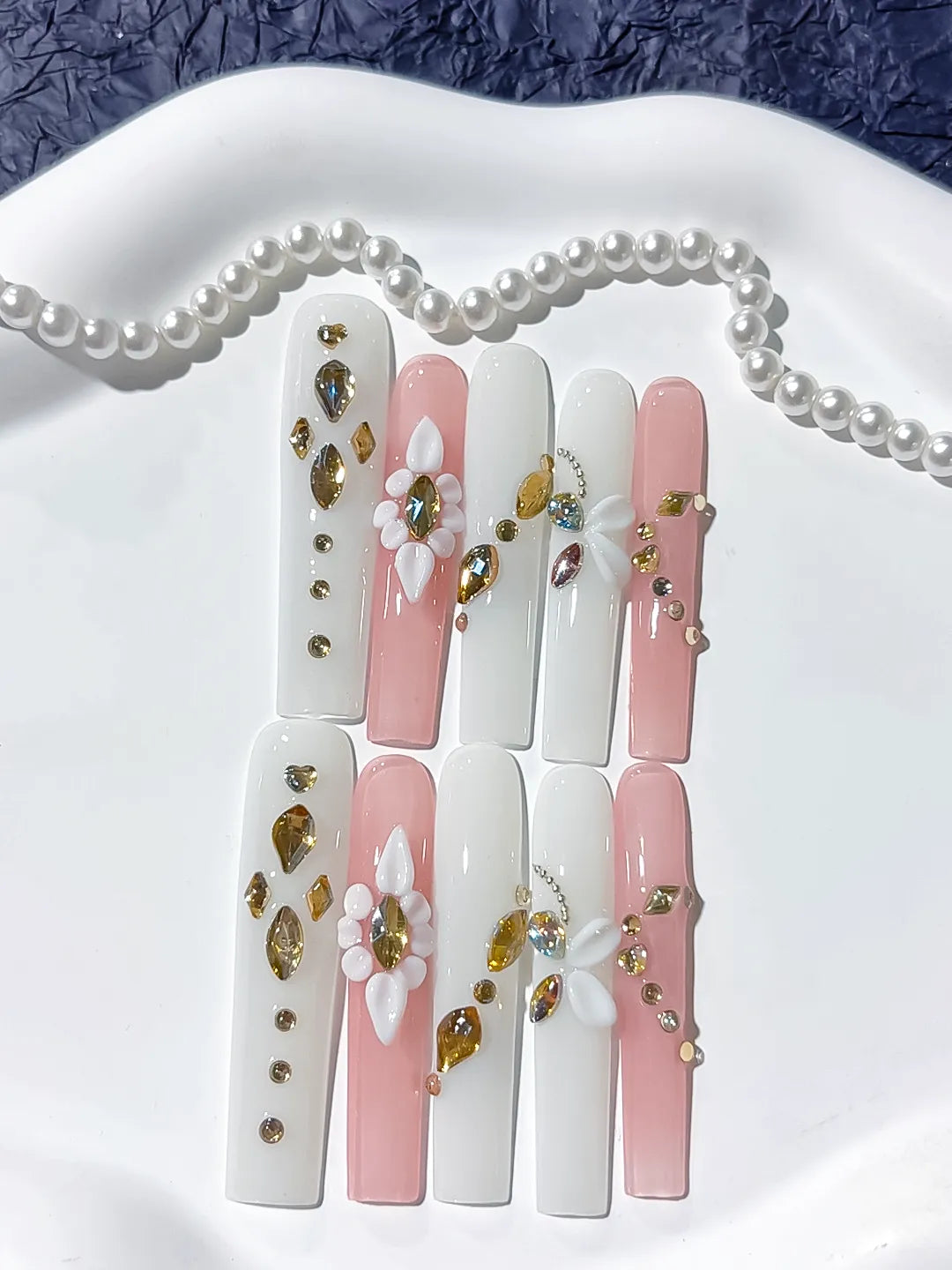 White Pink Gold Solid color Flower Rhinestone Metallic Accent 3D press on nails close up