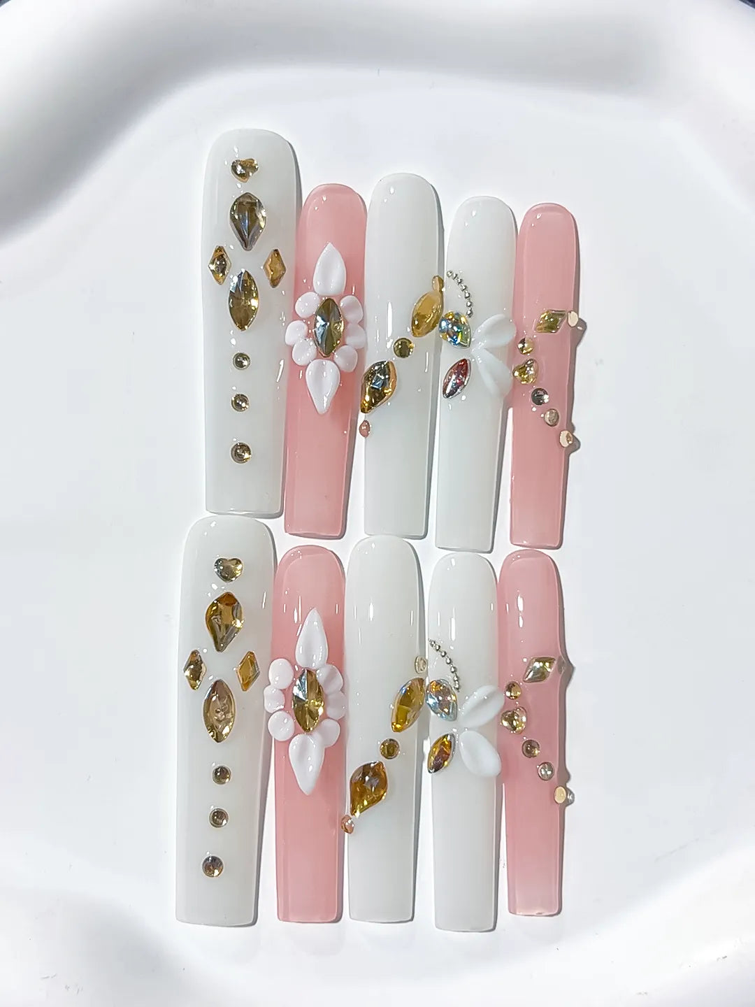 White Pink Gold Solid color Flower Rhinestone Metallic Accent 3D press on nails detail view