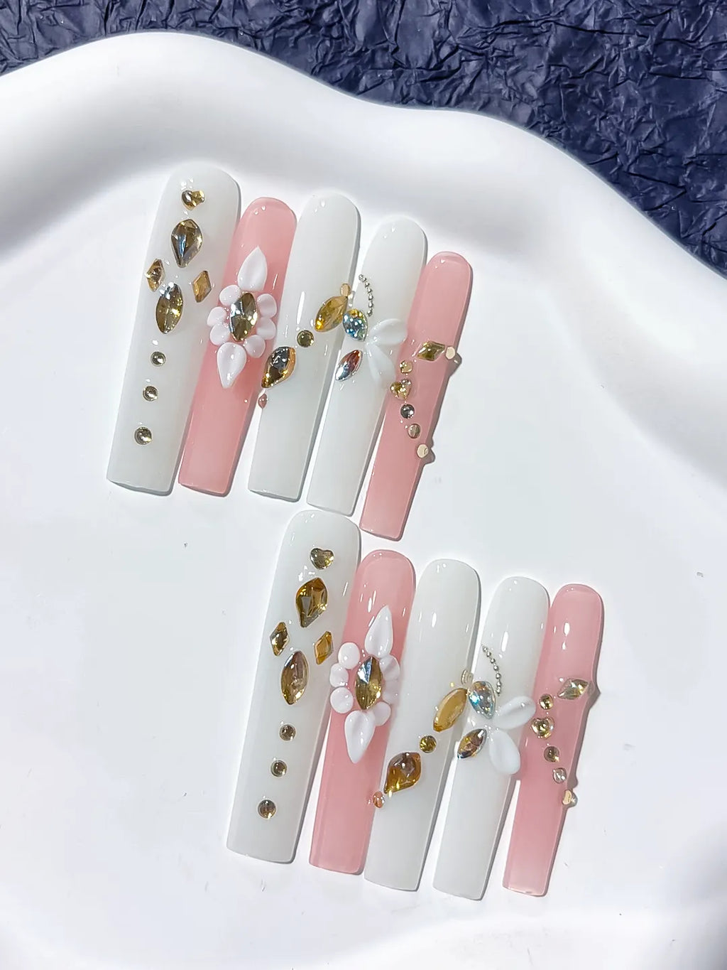 White Pink Gold Solid color Flower Rhinestone Metallic Accent 3D press on nails detail view