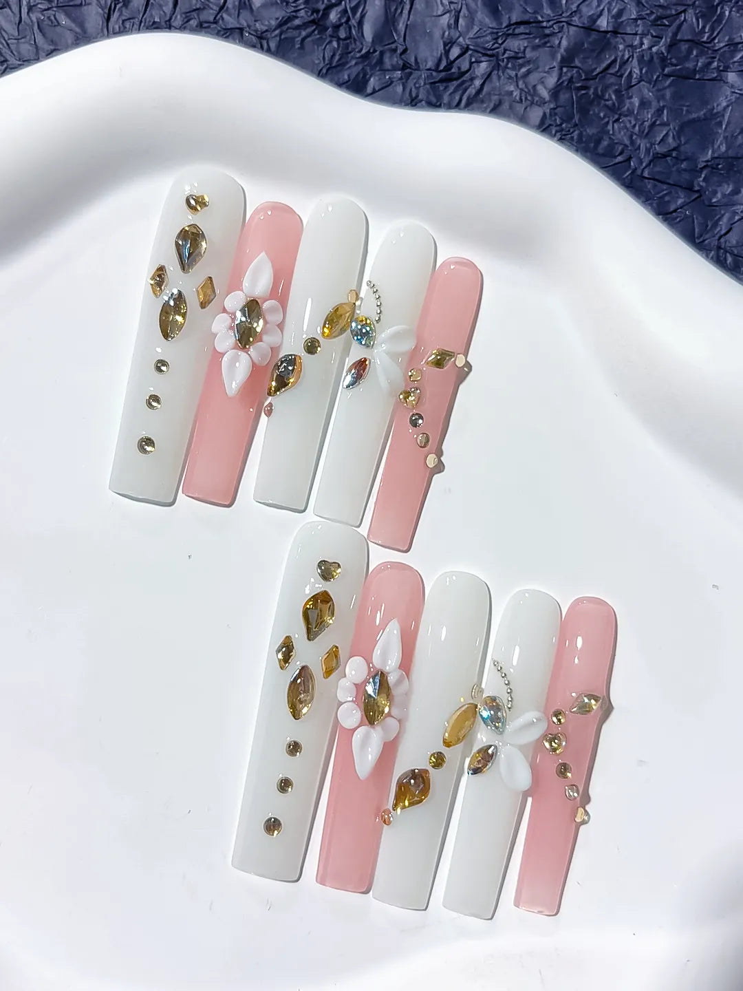 White Pink Gold Solid color Flower Rhinestone Metallic Accent 3D press on nails detail view