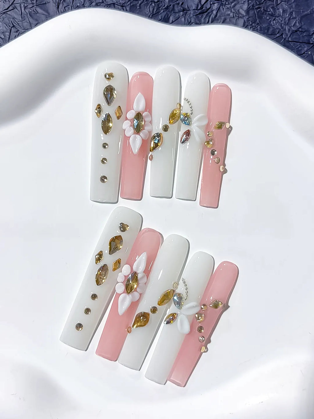 White Pink Gold Solid color Flower Rhinestone Metallic Accent 3D press on nails detail view