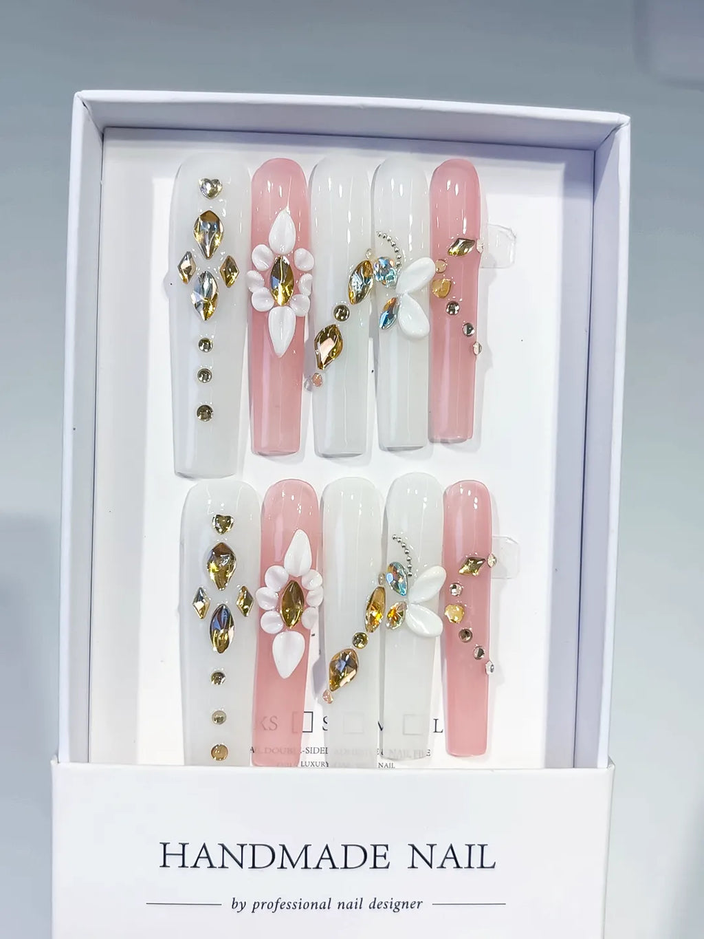 White Pink Gold Solid color Flower Rhinestone Metallic Accent 3D press on nails full set view