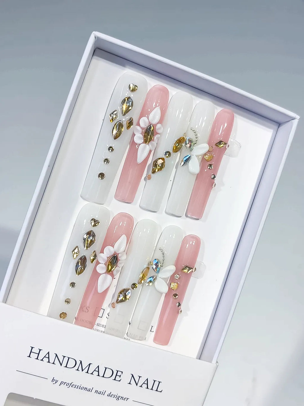 White Pink Gold Solid color Flower Rhinestone Metallic Accent 3D press on nails