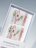 White Pink Gold Solid color Flower Rhinestone Metallic Accent 3D press on nails