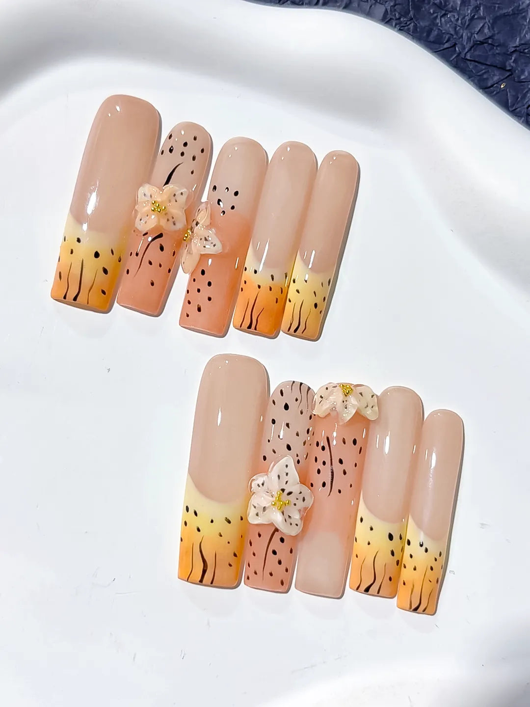 Nude Orange Yellow Black Abstract Flower Animal Print 3D press on nails detail view