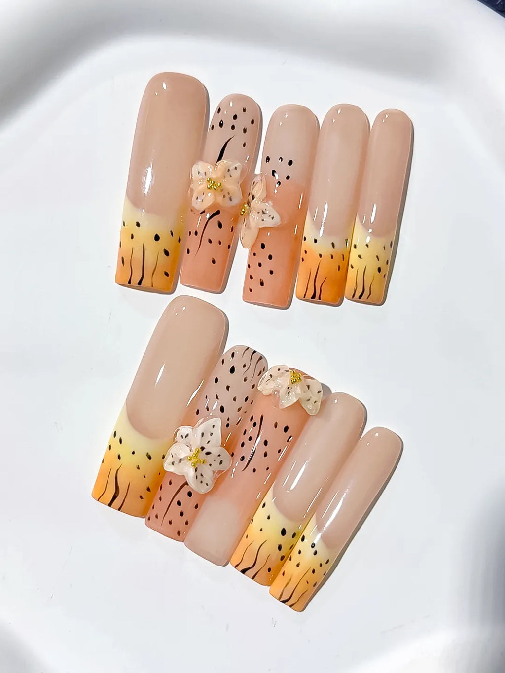 Nude Orange Yellow Black Abstract Flower Animal Print 3D press on nails close up