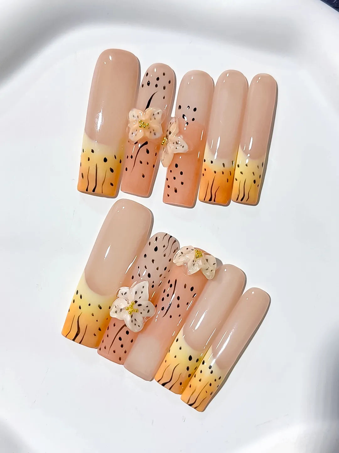 Nude Orange Yellow Black Abstract Flower Animal Print 3D press on nails close up