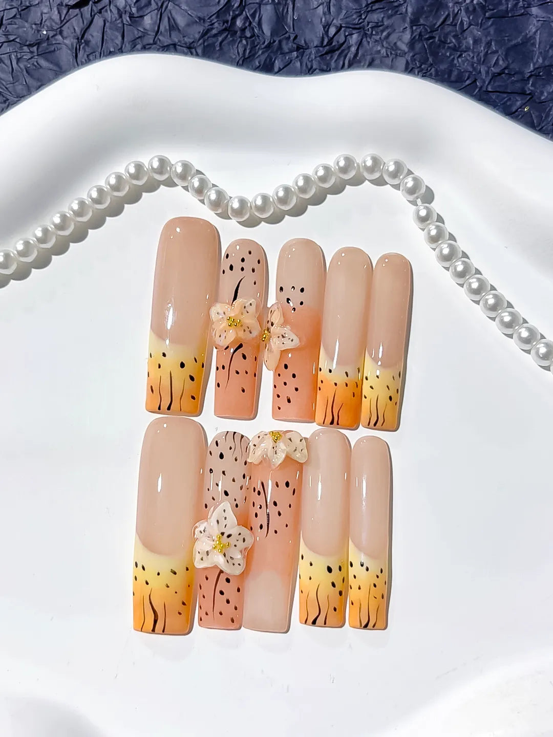 Nude Orange Yellow Black Abstract Flower Animal Print 3D press on nails detail view