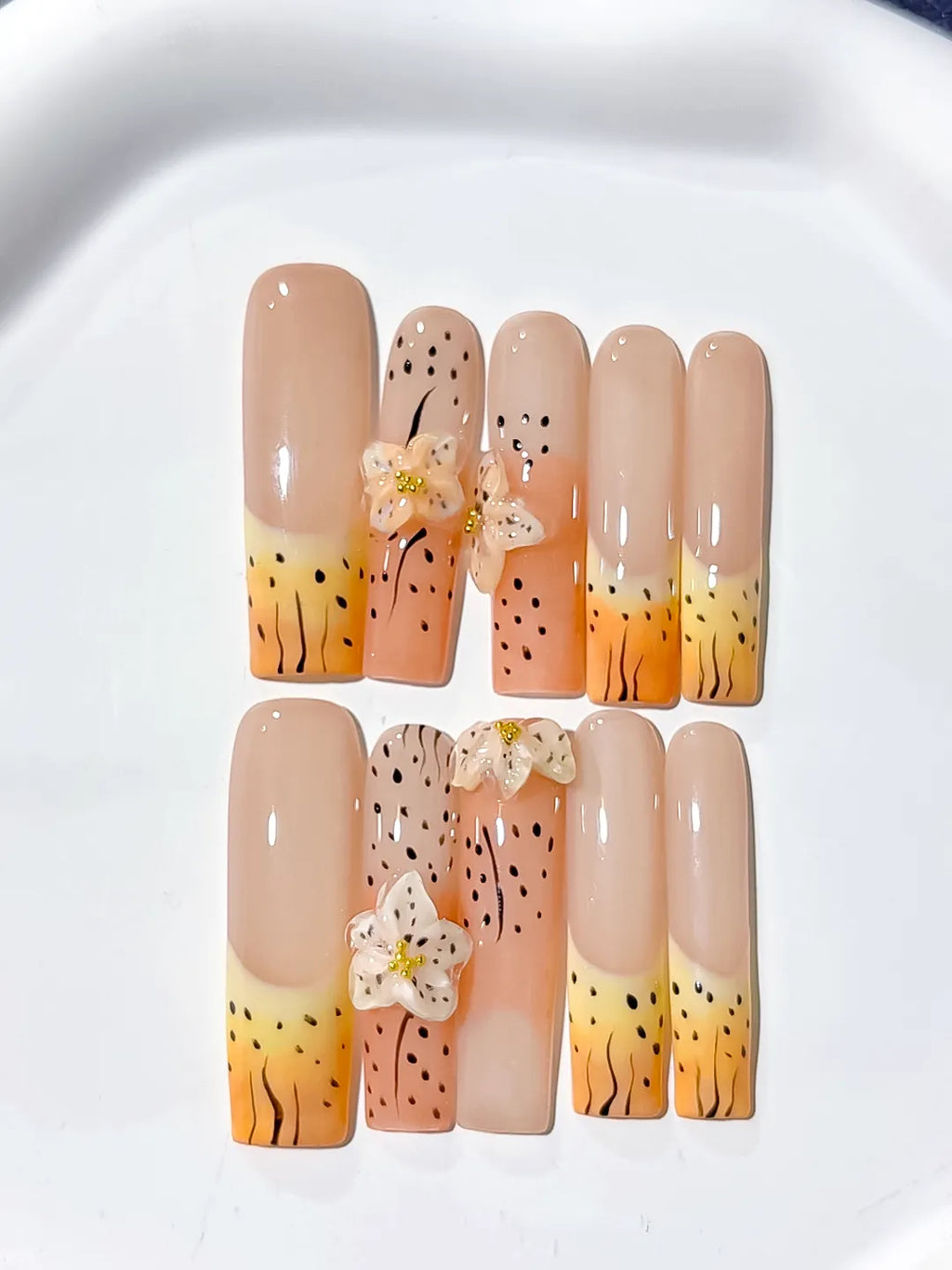 Nude Orange Yellow Black Abstract Flower Animal Print 3D press on nails detail view