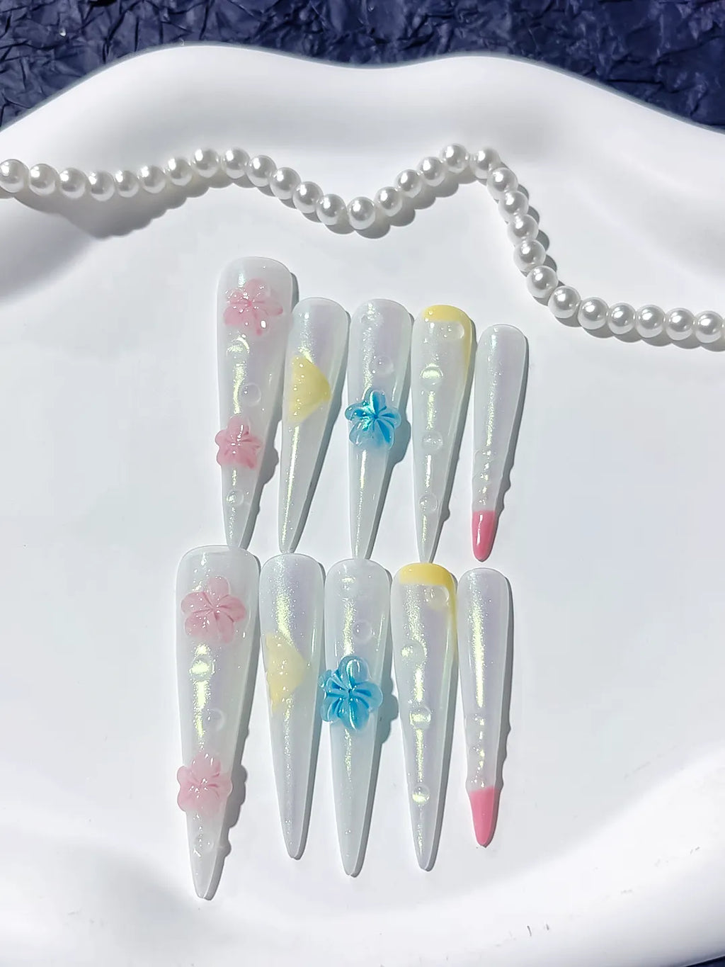 White Pink Blue Yellow Multicolor Holographic Flower Pearl Shell 3D press on nails close up