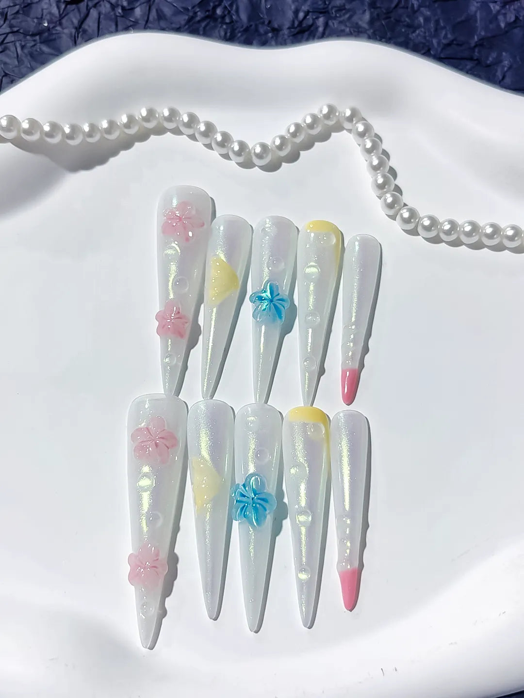 White Pink Blue Yellow Multicolor Holographic Flower Pearl Shell 3D press on nails close up