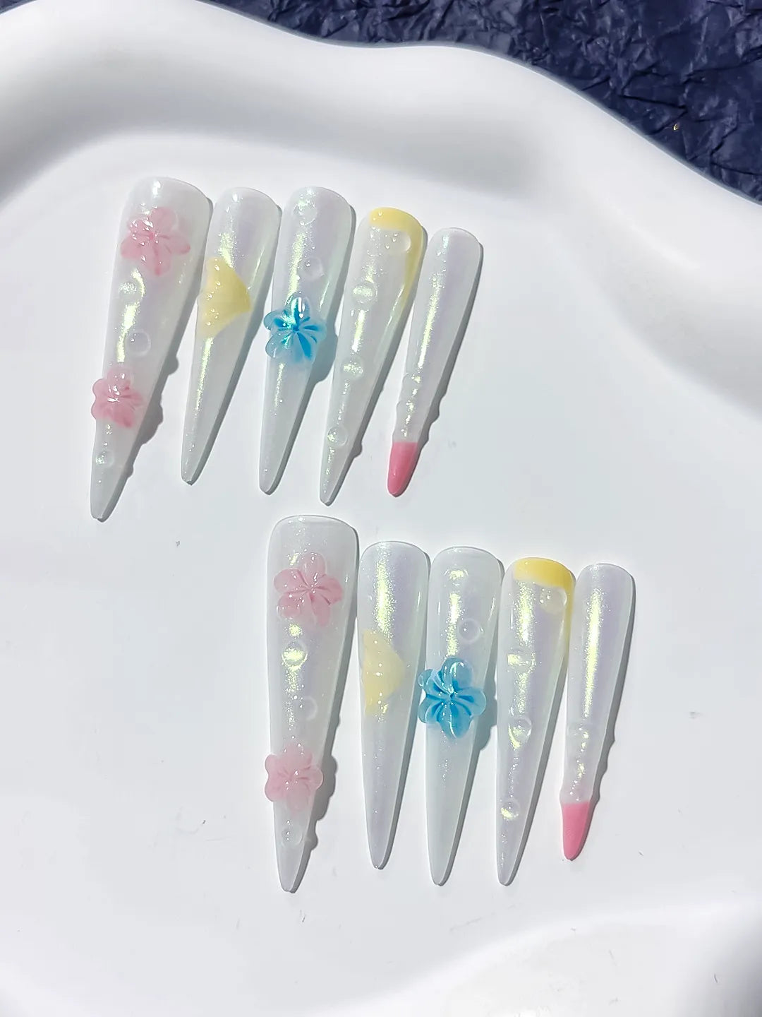 White Pink Blue Yellow Multicolor Holographic Flower Pearl Shell 3D press on nails detail view