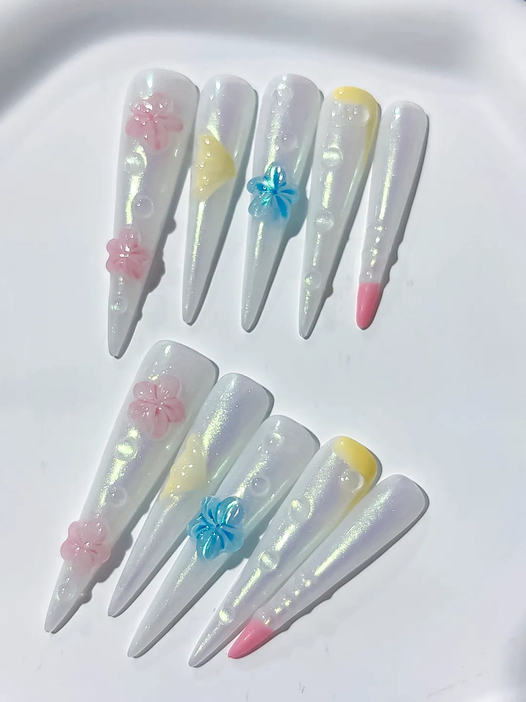 White Pink Blue Yellow Multicolor Holographic Flower Pearl Shell 3D press on nails detail view