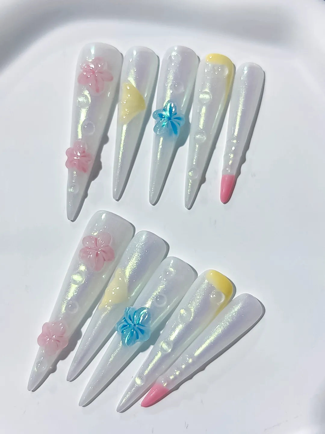 White Pink Blue Yellow Multicolor Holographic Flower Pearl Shell 3D press on nails detail view