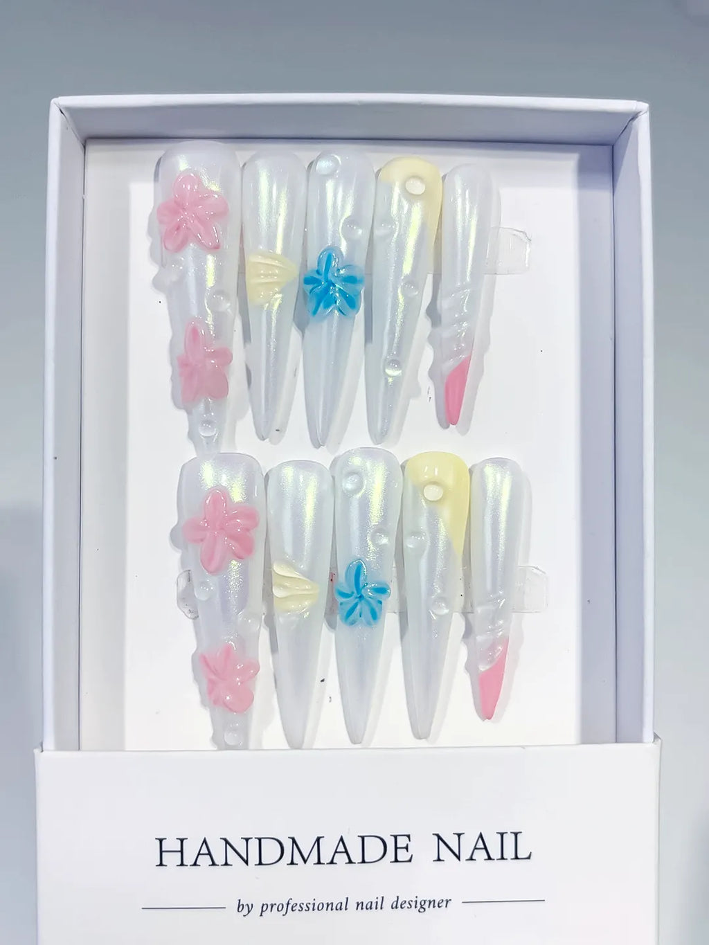White Pink Blue Yellow Multicolor Holographic Flower Pearl Shell 3D press on nails full set view