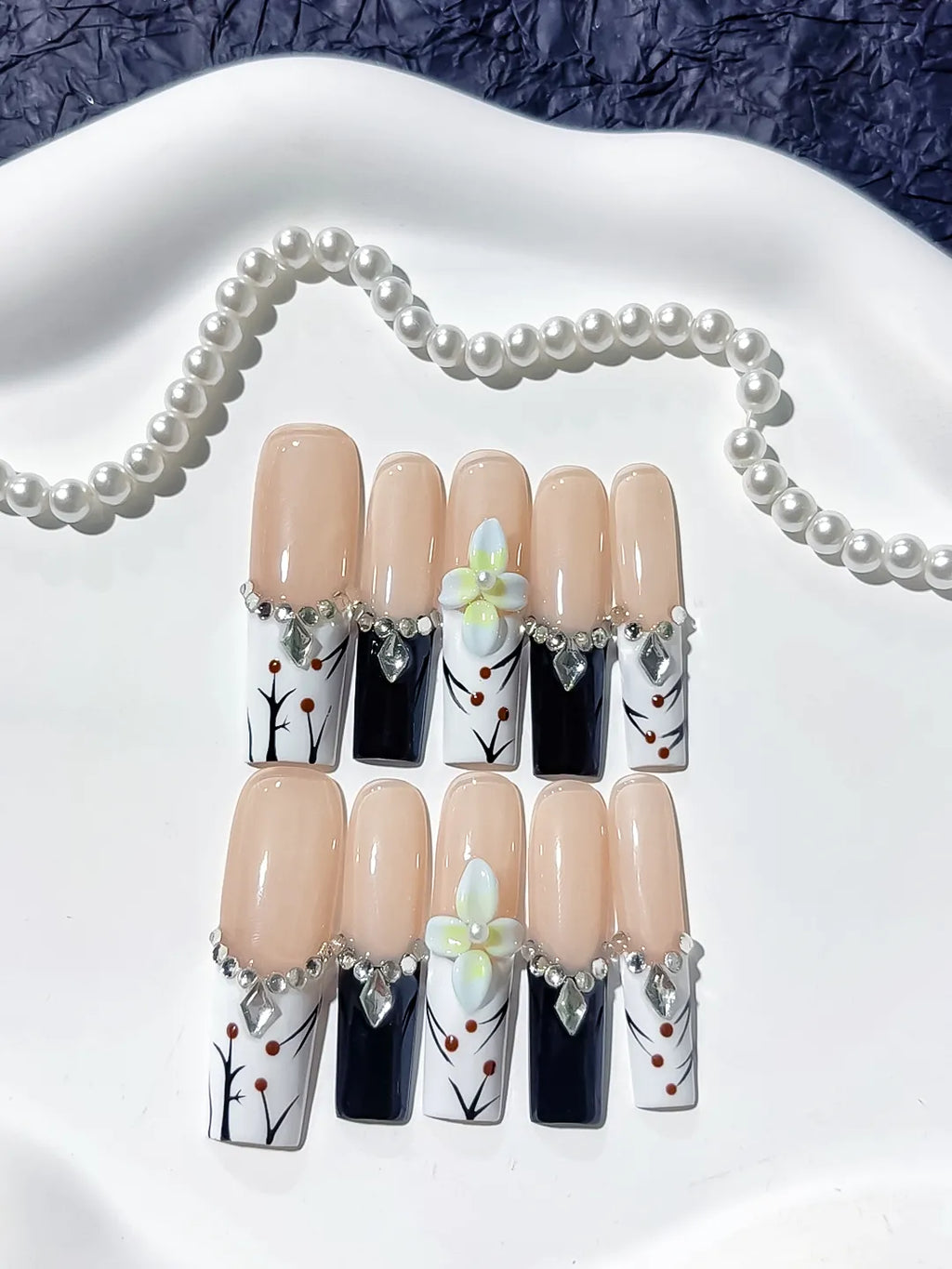 Nude White Black Green Silver Abstract Flower Rhinestone Metallic Accent 3D press on nails close up